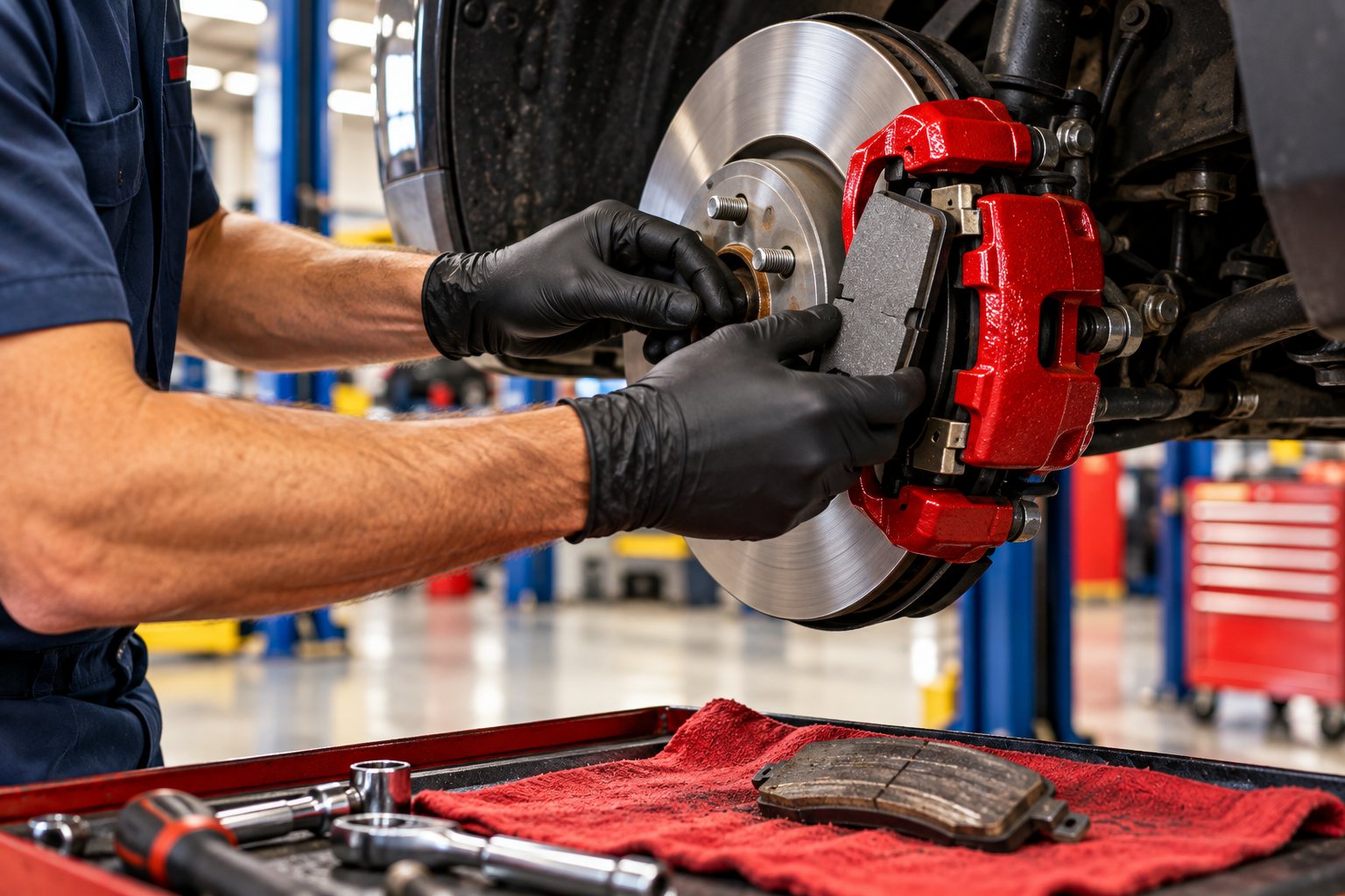 A Budget Brakes technician fitting a new brake pad at a red caliper